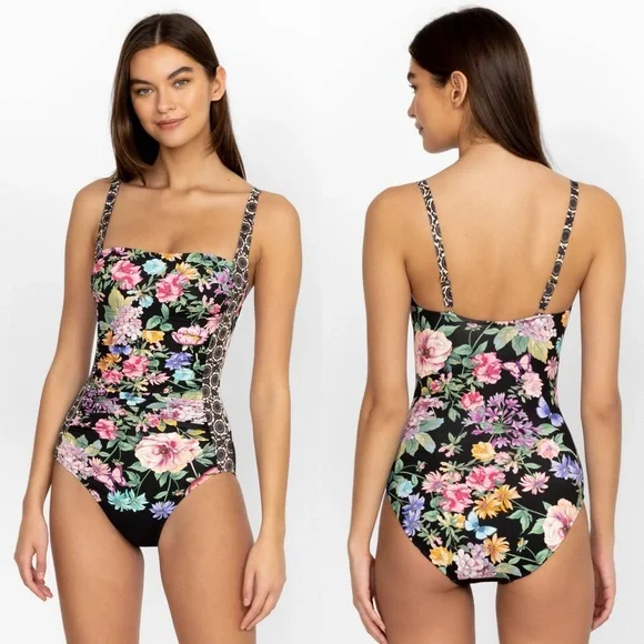 NWT Johnny Was Black Butterfly Floral Ruched One Piece Swimsuit - Picture 1 of 4